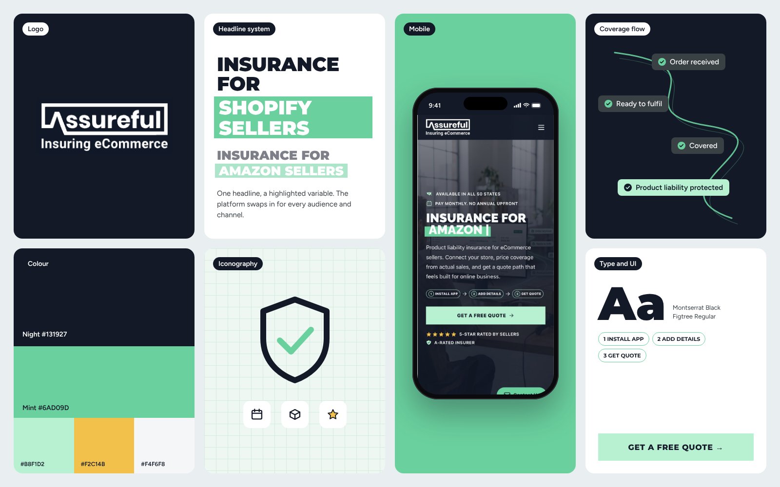 Assureful brand system: logo, headline system, mobile, coverage flow, colour, iconography and type