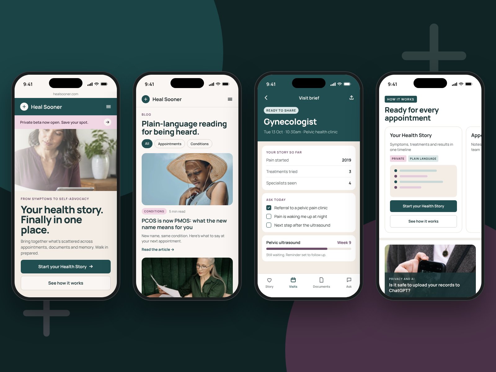Four Heal Sooner mobile screens: homepage, blog, visit brief and how it works