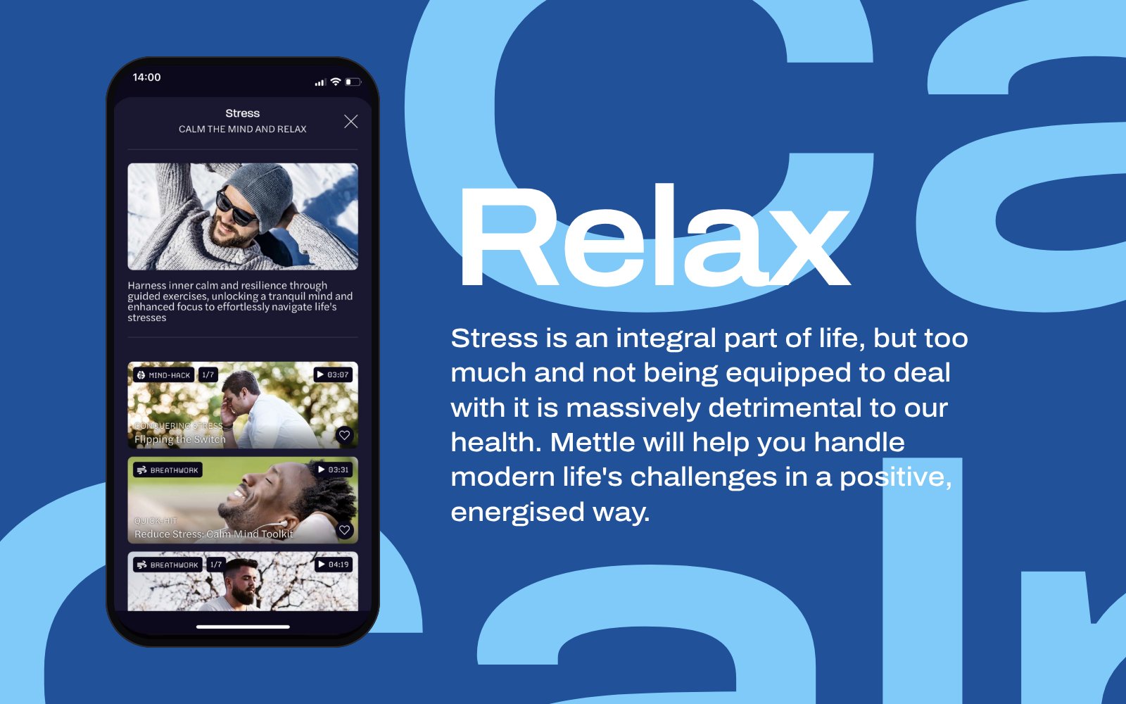 Mettle Relax campaign: app screen with oversized Calm lettering